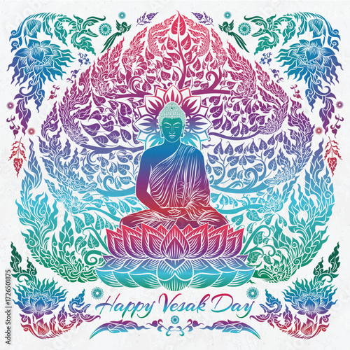 Happy Vesak Day with Buddha and Bodhi Tree Concept