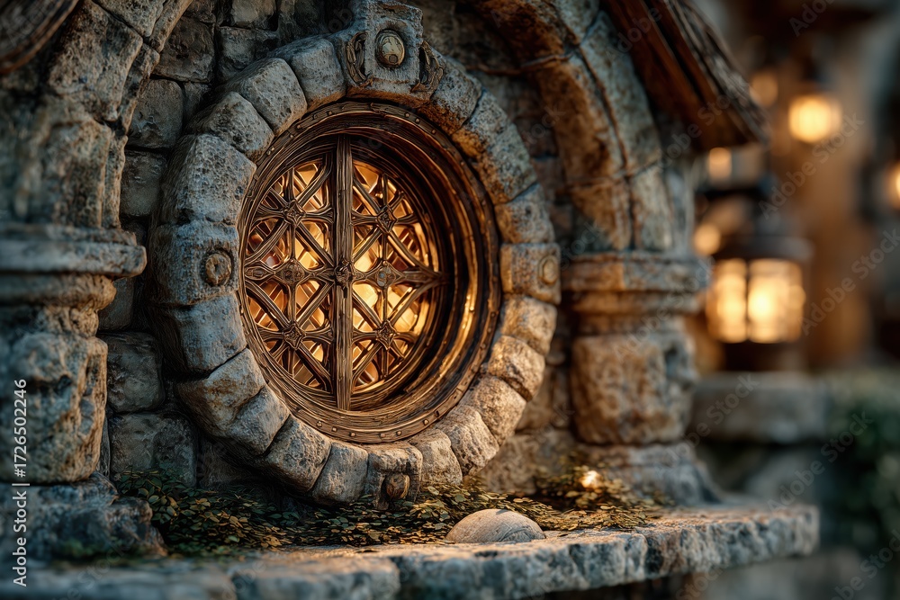 Obraz premium Rustic Stone Cottage Window With Intricate Design
