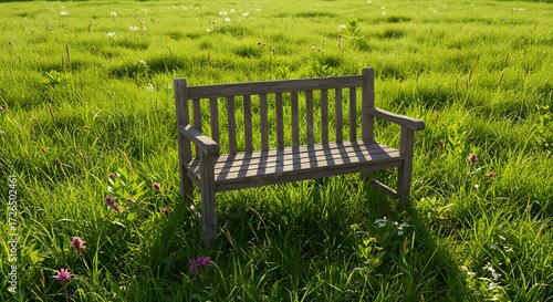 Fototapeta Naklejka Na Ścianę i Meble -  Wooden bench in grassy field