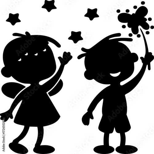Silhouette of two children with stars and butterfly wand, evoking magical and playful atmosphere. figures appear to be boy and girl, with girl having wings, suggesting fairy like theme