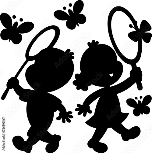 Two children joyfully chase butterflies with nets, surrounded by fluttering insects. playful scene captures sense of adventure and innocence in silhouette style