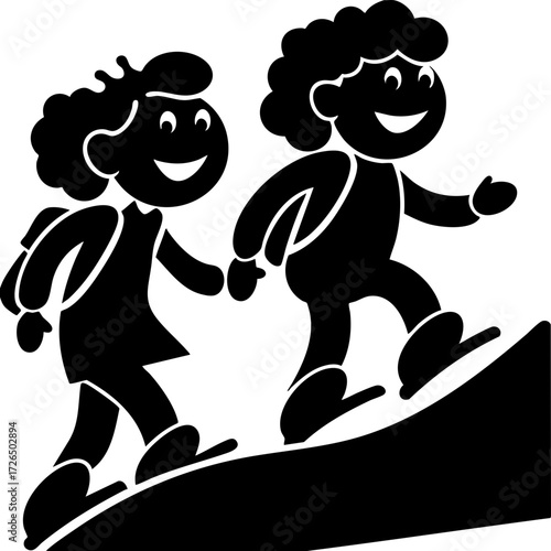Two cartoon children happily hiking up hill, each carrying backpack. illustration is simple and playful, capturing sense of adventure and joy