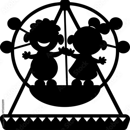 Silhouette of two children joyfully riding Ferris wheel, showcasing playful and whimsical scene. design is simple and charming, capturing essence of childhood fun and amusement park excitement