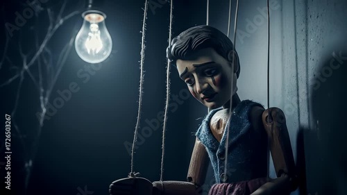 Sad puppet under spotlight, symbolizing control, manipulation, and powerlessness. Ideal for illustrating mental health, addiction, and relationship struggles with dark, dramatic tones.