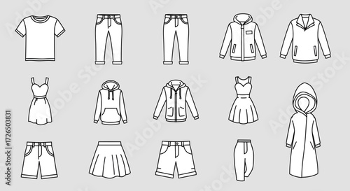 Outline fashion collection for website design, apparel icons for clothing store, scalable vector graphic styles, modern apparel for retail business, contemporary garment set