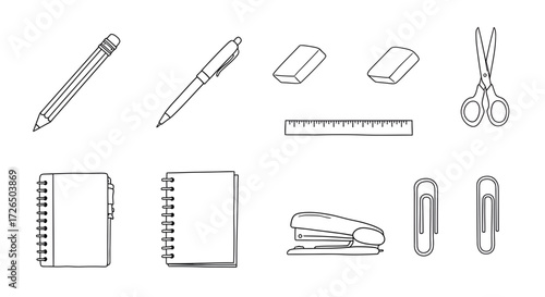 Essential stationery collection for students and office workers featuring a pen, pencil, stapler, notebook, ruler, erasers, paper clips and scissors for all your needs
