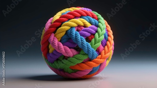 Unity and Strength Concept .perfectly round ball made of thick colorful intertwined ropes symbolically Strong diverse network rope team concept integrate cooperation power.ai generative