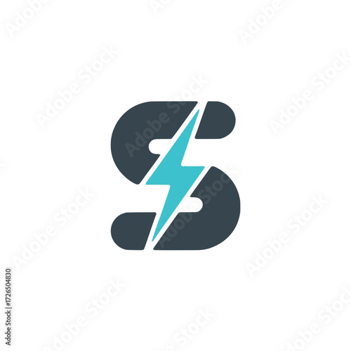 Letter S icon with electric lightning bolt, Modern letter S design intersected by a sharp lightning bolt, symbolizing power, speed, electricity, and digital energy.

