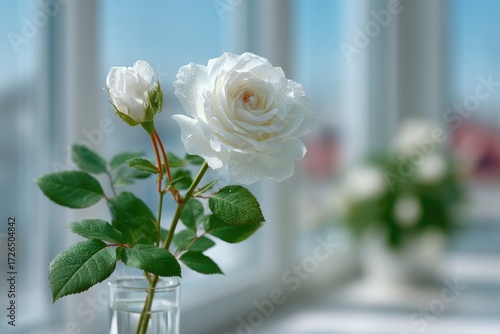 Wallpaper Mural Close Up of White Blooming Rose with Dew Drops on Green Leaves Against Window Background Torontodigital.ca