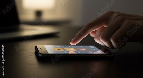 Close up of a hand using a smartphone in a dark room with blurred glowing lights in the background representing late night social media browsing and digital communication addiction