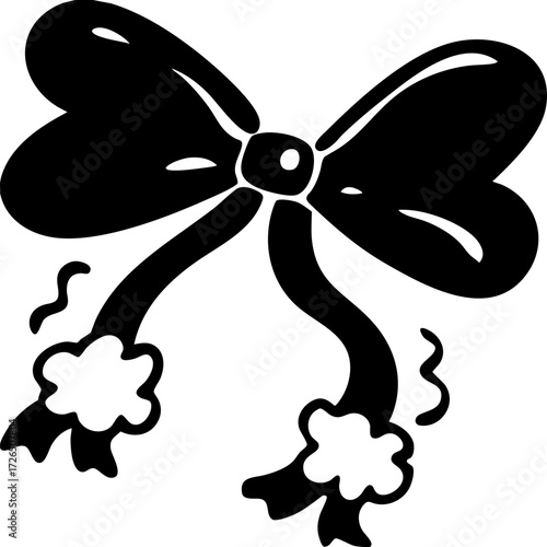 Simple black and white illustration of decorative bow with flowing ribbons and small details, conveying sense of elegance and charm