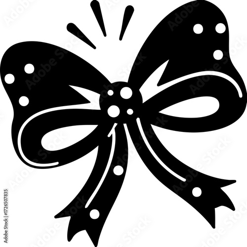 Decorative black bow with polka dots and stylized lines, creating festive and elegant appearance. bow features loops and tails, adding touch of sophistication to any design
