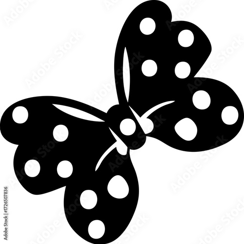 Black silhouette of butterfly with polka dot patterns its wings, showcasing simple and elegant design. butterfly wings are spread open, highlighting symmetrical dot arrangement.butterfly