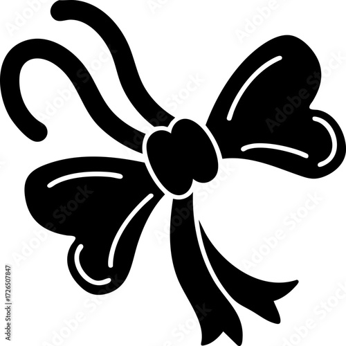 Simple black silhouette of decorative bow with flowing ribbons, often used for gift wrapping or festive decorations. design is elegant and versatile for various occasions