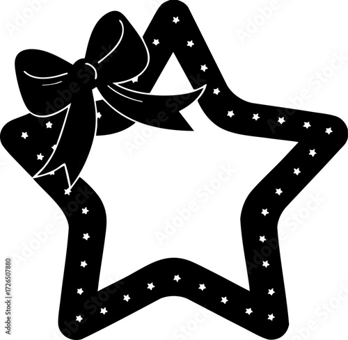 Star shaped frame with decorative bow and small stars creates festive and elegant design, perfect for holiday or celebratory themes. monochrome style adds classic touch