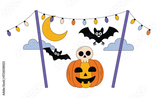 Halloween pumpkin with skull and bats under string lights and moon
