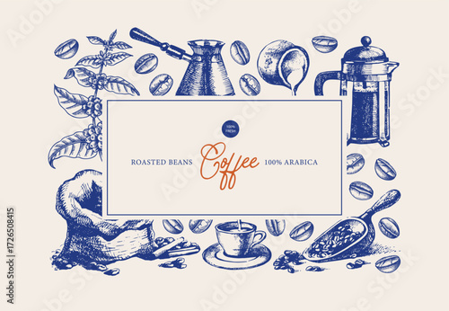 Hand drawn coffee shop frame. Cafe menu, bakery branding, packaging design. Vintage sketch vector background
