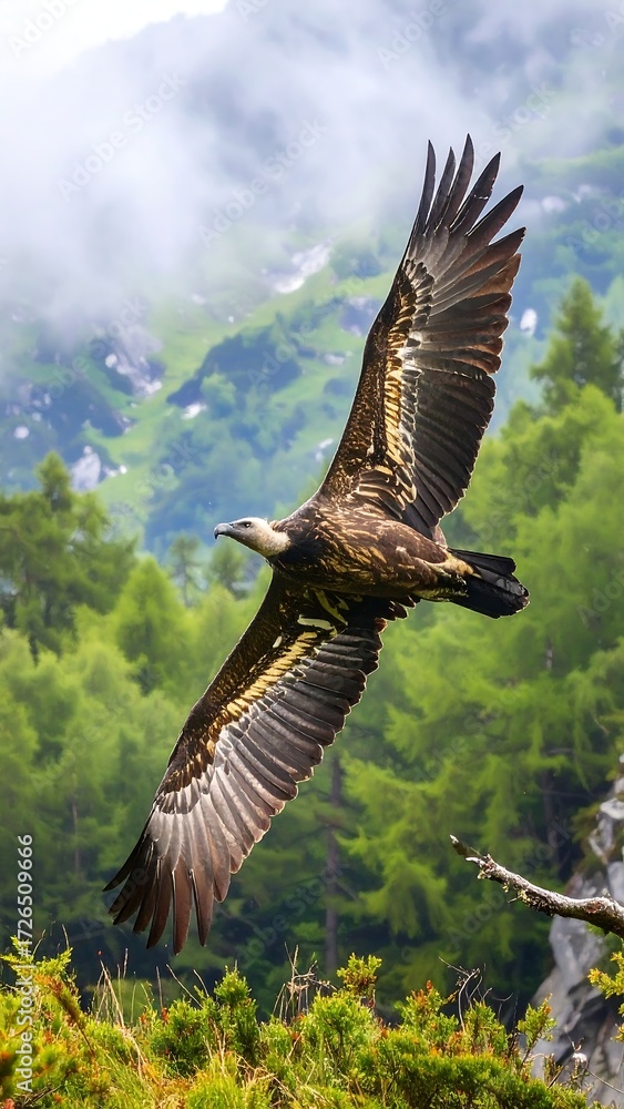 Obraz premium A large bird of prey in flight over a mountainous, forested landscape