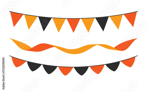 Orange and black festive bunting flags and ribbon decoration