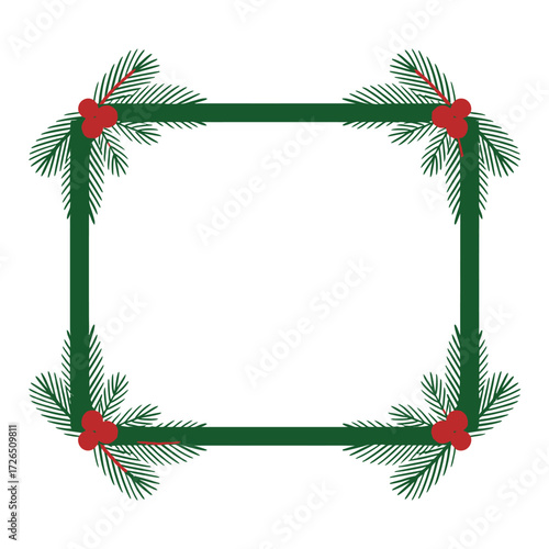 Festive green christmas frame with red berries and pine needles