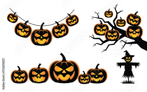 Halloween decorations including jack o lanterns scarecrow and garland