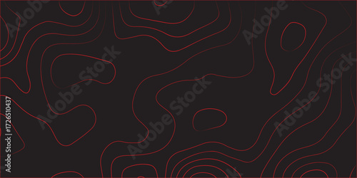 Modern abstract cartography topographic map contour lines red on black surface ultra wide panoramic terrain path illustration geographic mapping scheme vector artwork
