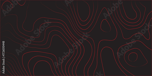 Modern abstract cartography topographic map contour lines red on black surface ultra wide panoramic terrain path illustration geographic mapping scheme vector artwork
