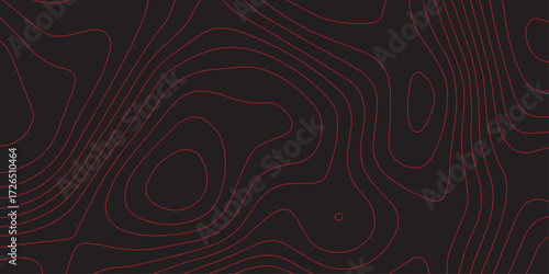 Detailed abstract topographic contour lines red on black background terrain path mapping geographic scheme concept modern cartography ultra wide vector artwork for design and decoration
