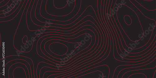 Ultra wide panoramic abstract topographic map red contour lines on black background geographic terrain path mapping modern cartography illustration vector artwork decorative backgrounds
