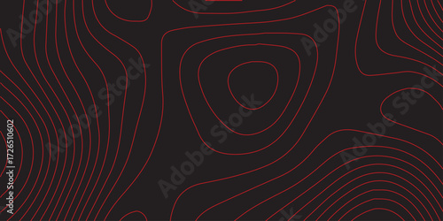 Abstract red contour line topographic map design over black background ultra wide panoramic artwork geographic elevation mapping terrain path scheme modern cartography illustration vector decoration 