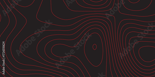 Panoramic ultra wide topographic map artwork with red contour lines on black background abstract geographic terrain mapping detailed cartography scheme concept elevation illustration vector design 