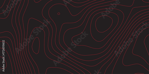 Geographic abstract mapping artwork with red contour lines forming detailed topographic map on black background ultra wide panoramic cartography illustration terrain path scheme elevation concept 