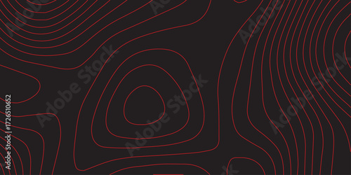 Geographic abstract mapping artwork with red contour lines forming detailed topographic map on black background ultra wide panoramic cartography illustration terrain path scheme elevation concept 
