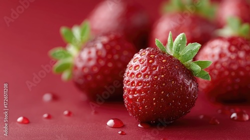 Closeup of Ripe Strawberries with Water Droplets on Red Background Detailed Texture Macro Photography of Red Fruit Freshness