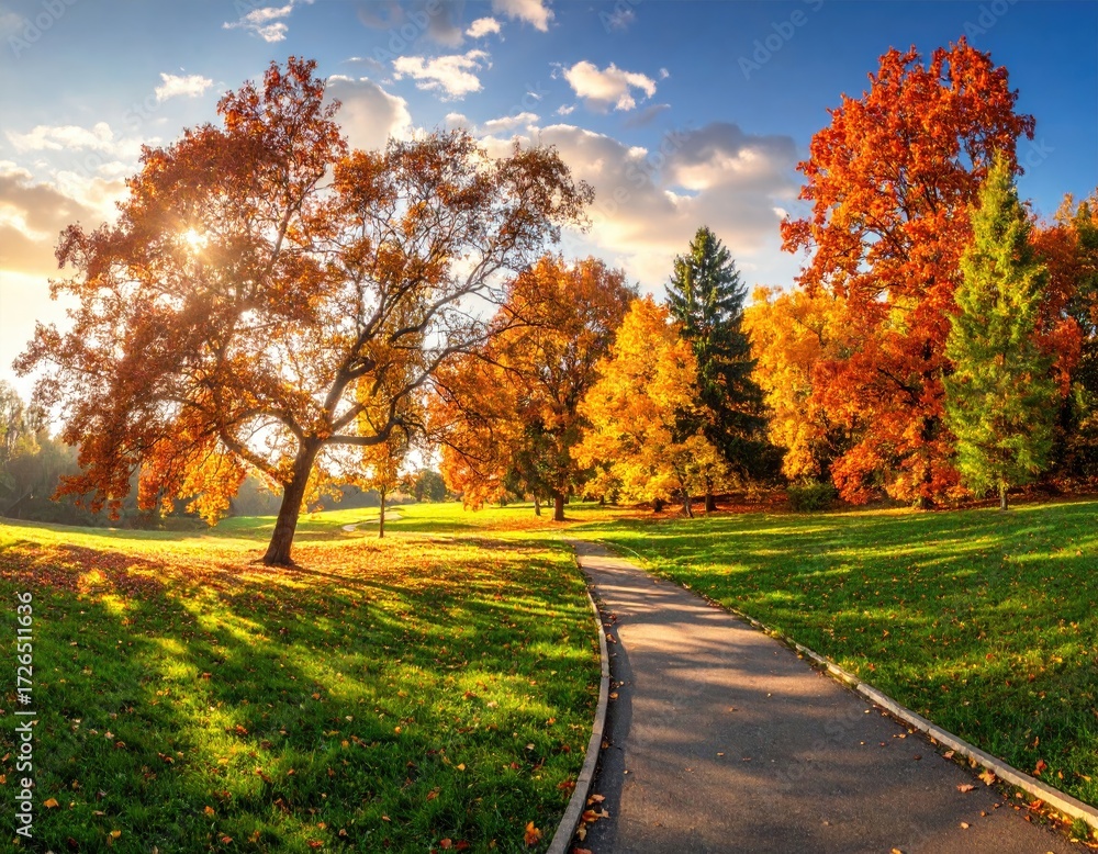 Fototapeta premium Autumn park path at golden hour