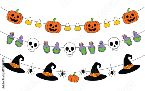 Halloween party decorations featuring pumpkins skulls witch hats and potion bottles