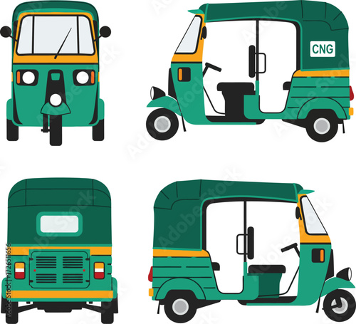 Four views of a green and yellow auto rickshaw or tuk tuk