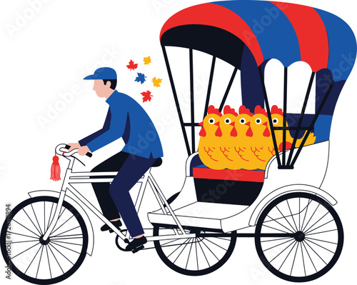 Man rides a colorful rickshaw carrying goods through a vibrant street scene