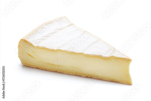 Hyper-realistic animation brie cheese wedge isolated on pure white background soft rind creamy interior studio light