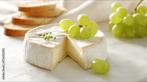 Hyper-realistic animation brie wedge with thin baguette slices and green grapes gourmet still life appetizing setup