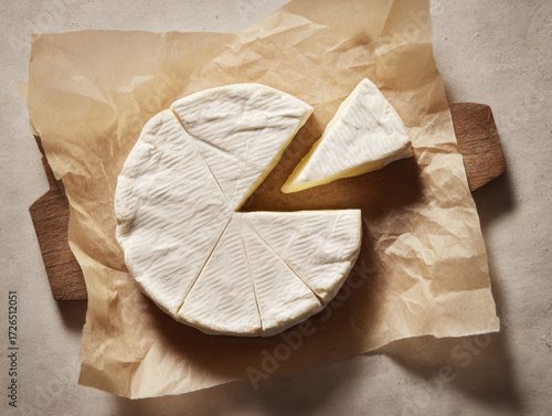 Hyper-realistic animation overhead shot of round brie wheel on parchment paper rustic board minimal composition