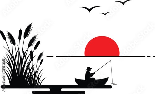 Silhouette of a lone fisherman in a boat at sunrise with reeds and birds flying