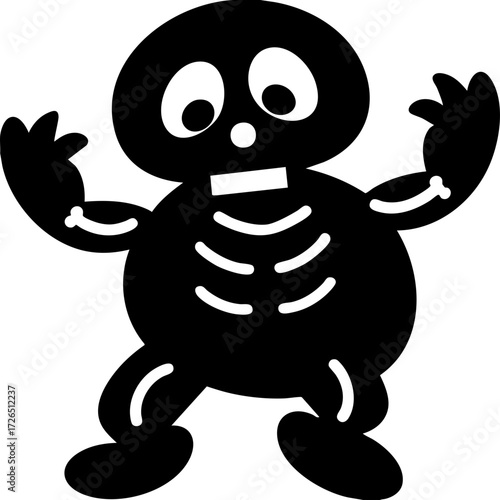 Cartoon skeleton with playful expression is depicted in dancing pose, featuring exaggerated limbs and round body. illustration is simple and humorous, capturing lighthearted Halloween theme