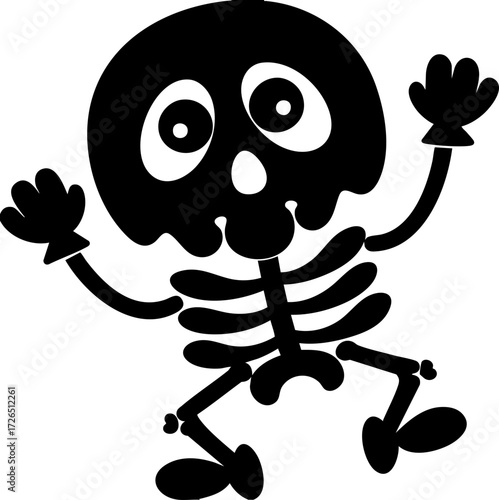 Playful cartoon skeleton with exaggerated features is depicted in dancing pose, conveying sense of fun and whimsy. illustration is simple and monochromatic, emphasizing skeleton lively expression