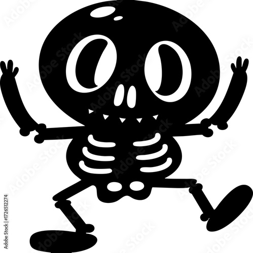 Playful cartoon skeleton dances joyfully, with exaggerated features and whimsical pose, set against plain background. illustration captures fun and lively Halloween theme