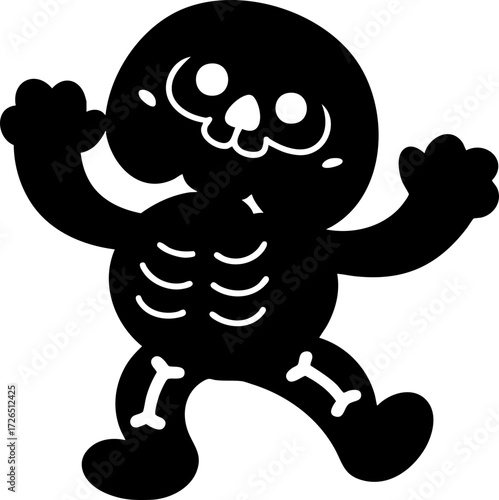 Playful cartoon skeleton with big smile is dancing joyfully, showcasing its ribcage and bones. illustration is simple and fun, capturing whimsical Halloween theme