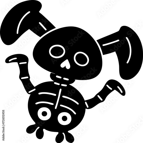Playful cartoon skeleton with exaggerated features dances joyfully, showcasing whimsical and fun design. illustration is simple, with bold lines and monochrome color scheme