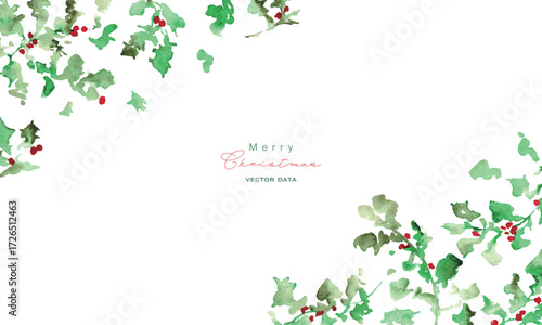 水彩画。水彩タッチの12月のクリスマスリース。ヒイラギのクリスマスベクターイラスト。