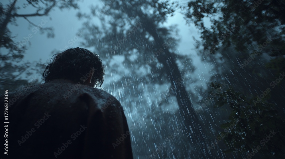 Obraz premium A dark, cinematic low-angle shot of a man standing alone in a forest or woods during a heavy rain storm. The mood is moody, cold, and somber