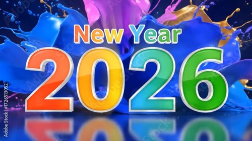 Vibrant New Year 2026 celebration with colorful splashes and dynamic energy perfect for ads
